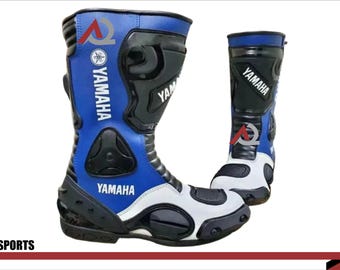 Yamaha-Inspired Handmade Racing Leather Motorbike Boots | Custom Motorcycle Boots