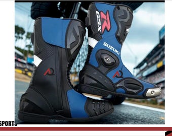 Suzuki GSX-Inspired Handmade Racing Leather Motorbike Boots | Custom Motorcycle Boots