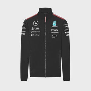 May include: Black zip-up jacket with multiple logos, including Mercedes-Benz, UBS, and Petronas. The jacket has red and white stripes on the shoulders and the text "HOTT VOY" and "vei" on the left sleeve.