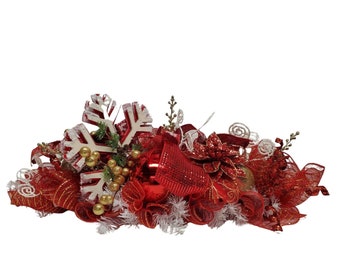 Red, Gold and White Snowflake Centerpiece, Christmas Centerpiece, Christmas Decor, Christmas, Poinsettia Centerpiece,  Christmas Mantel