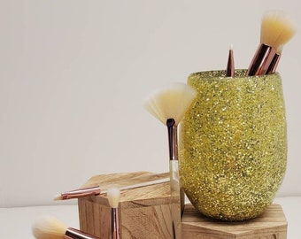 Beautiful Makeup Brushes with matching holder, Yellow Glitter Makeup Brushes, Makeup Brushes, Makeup Tools, Gift For Her