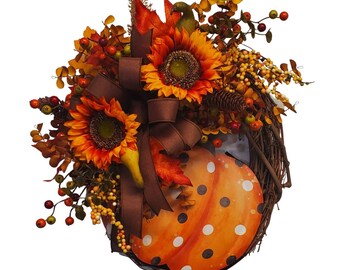 Fall Pumpkin SunflowerGrapevine, and Orange Grapevine Wreath, Pumpkin Wreath, Fall Wreath,  Fall Grapevine Wreath, Housewarming, Fall Wreath
