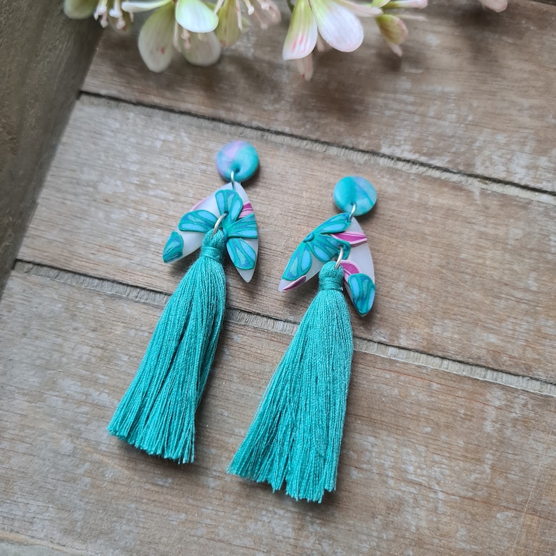 Peacock Bouquet Polymer Clay Earrings // Polymer Clay Earrings // Flower Earrings // Polymer Earrings // Floral Earrings Tassel Dangle