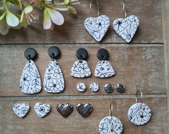 Monochrome Florals Polymer Clay Earrings // Polymer Clay Earrings // Floral Earrings // Silk Screen Prin Earrings // Botanical Clay Earrings