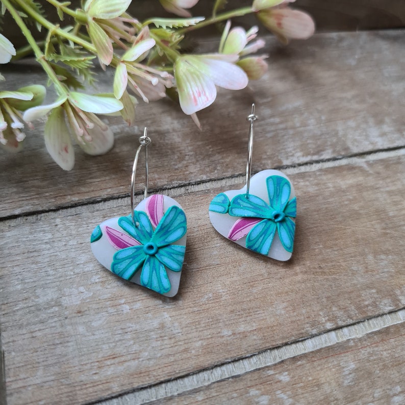 Peacock Bouquet Polymer Clay Earrings // Polymer Clay Earrings // Flower Earrings // Polymer Earrings // Floral Earrings Heart Hoop