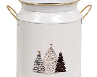 White & Gold Handle Milk Can w/Tree Embossed Accent! New