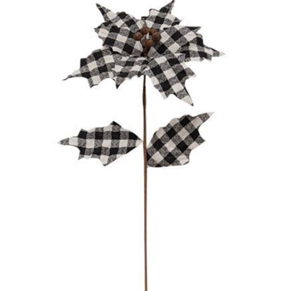 Black & White Plaid Country Poinsettia Spray, 20”