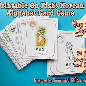 Printable Go Fish Korean Alphabet Cards for Learning and Playing, Age 4 and Up, Original Adorable Animal Art, Kids Adults Classroom Activity