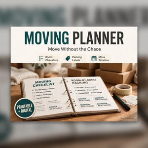 Umzugsplaner-Paket zum Ausdrucken | 8-Wochen-Countdown, Zimmerweises Packen, Kartonetiketten und Inventarliste, Erste-Nacht-Box, US-Letter-PDF