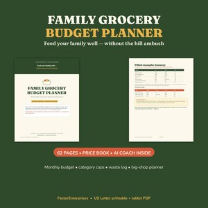 Familien-Einkaufsbudgetplaner zum Ausdrucken | Monatsbudget, Preisliste, Wochenausgabenübersicht, Abfallprotokoll, KI-Coach
