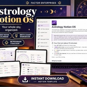 May include: A digital Notion template titled Astrology Notion OS displayed on a laptop and multiple tablet screens. The interface features a 2027 sky calendar, birth chart workbook, retrograde tracker, moon log, and transit journal.