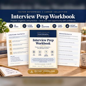 Puede incluir: Un cuaderno de preparación para entrevistas de Factor Enterprises con 28 páginas, 6 historias estrella, 24 preguntas y un sprint de 7 días. El documento digital incluye secciones para preguntas de comportamiento y ejemplos rellenables.