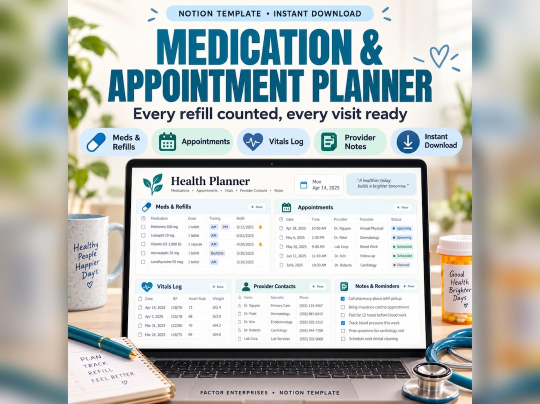 Medication & Appointment Planner Notion Template, Medication Tracker ...