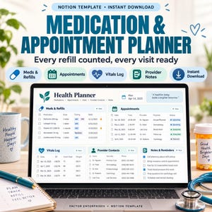 Op de afbeelding: Een digitale Notion-sjabloon getiteld Medication & Appointment Planner weergegeven op een laptopscherm. De interface bevat secties voor medicatie, afspraken, vitale functies en notities met een overzichtelijke lay-out.
