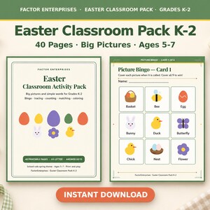 Easter Classroom Activity Pack K-2 | 40 Printable Pages Picture Bingo Tracing Counting | Instant Download