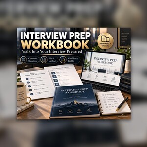 Könnte beinhalten: Ein Set zur Vorbereitung auf Vorstellungsgespräche mit einem dunkel gestalteten Arbeitsbuch mit Bergmotiv, einem offenen Notizbuch mit Stift und einem Laptop, der den Titel anzeigt. Der Text lautet INTERVIEW PREP WORKBOOK.