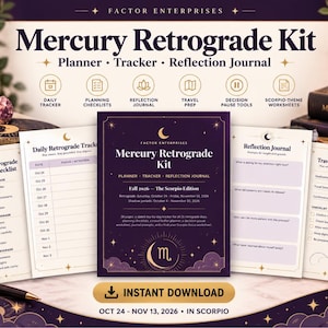 May include: A Mercury Retrograde Kit digital planner, tracker, and reflection journal set. The dark purple cover features the text Mercury Retrograde Kit, Fall 2026 - The Scorpio Edition, and a Scorpio symbol. Includes checklists, daily trackers, and travel prep pages.