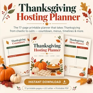 Può includere: Un planner stampabile di 17 pagine per l'organizzazione del Ringraziamento in formato PDF, con una copertina illustrata con zucca e torta, una pagina per il conto alla rovescia e una per il menu, decorato con foglie autunnali.