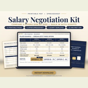 Salary Negotiation Worksheet Kit | Offer Comparison Spreadsheet + 3 Script Templates | 24-Page Printable PDF | Instant Download