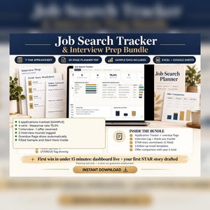May include: A Job Search Tracker and Interview Prep bundle featuring a digital dashboard on a laptop screen, printed planner pages, and worksheets. The display shows application statistics, charts, and tracking data. Includes text labels like Job Search Tracker, Interview Prep, and Inside the Bundle.