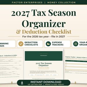 Tax Organizer Printable | 30 Pages, 2026 Tax Year Checklist + Worksheets for 2027 Filing | Instant Download
