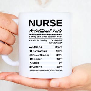 Caneca com informações nutricionais para enfermeiras – Presente engraçado para enfermeiras, Caneca de café para enfermeiras, Caneca de agradecimento para enfermeiras, Humor para profissionais de saúde