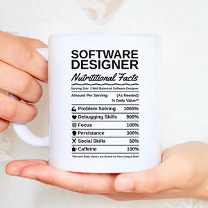 Software Designer Nutrition Mug – Funny Developer Gift, Programmer Coffee Cup, Tech Office Humor, Coding Mug for Work Desk
