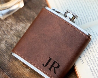 Personalised Initials Hip Flask, Best Man Gift, Groomsmen Present, Marriage Gift, Wedding Present, Father's Day Gift, PU Leather