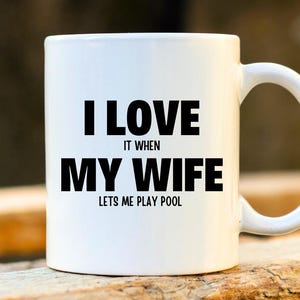 Love My Wife poolmok - Gepersonaliseerde poolspelermok, grappige poolmokken, uniek cadeau man, herencadeaus, ik hou van mijn vrouw, kerstcadeau