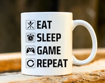 Eat Sleep Game Repeat - Prezenty z motywem gier wideo, Wyjątkowe prezenty dla graczy, Kubki z motywem gier wideo, Kubek z motywem gier wideo, Prezenty dla chłopaka, Prezenty dla niego
