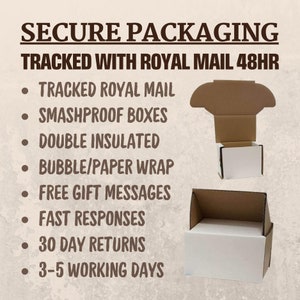 May include: Secure packaging for items shipped via Royal Mail. The packaging includes a cardboard box, bubble wrap, and a free gift message. The text on the image reads "SECURE PACKAGING TRACKED WITH ROYAL MAIL 48HR".