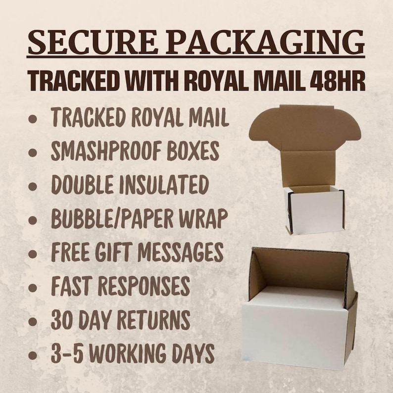 May include: Secure packaging for items shipped via Royal Mail. The packaging includes a cardboard box, bubble wrap, and a free gift message. The text on the image reads "SECURE PACKAGING TRACKED WITH ROYAL MAIL 48HR".