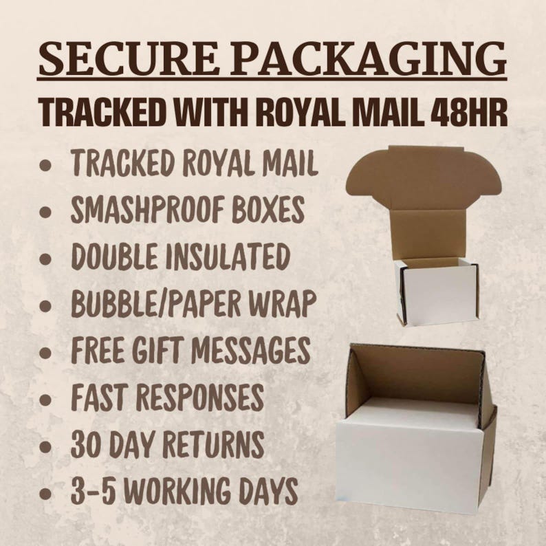 May include: Secure packaging for items shipped via Royal Mail. The packaging includes a double-walled cardboard box, bubble wrap, and a free gift message. The text on the image reads "SECURE PACKAGING TRACKED WITH ROYAL MAIL 48HR".