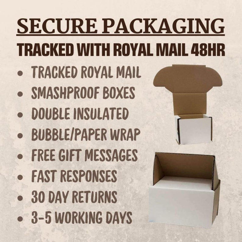 May include: Secure packaging with tracked Royal Mail 48hr delivery. Features include smashproof boxes, double insulated, bubble/paper wrap, free gift messages, fast responses, 30 day returns, and 3-5 working days delivery.