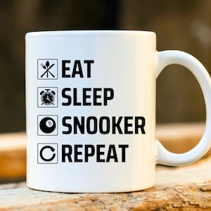 Eat Sleep Snooker Repeat Mug. Snooker Player Gifts. Funny Snooker Presents. 8 Ball Pool Mugs. Unique Gift for Him.