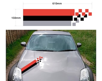 May include: A grey Nissan Z car with a red, black and grey chequered racing stripe decal on the bonnet. The decal is 610 mm long and 150 mm wide.