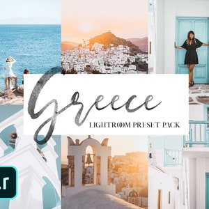 May include: A collage of images featuring scenes from Greece, including coastal views, white buildings with blue doors, and a sunset over a town. The text "Greece Lightroom Preset Pack" is overlaid on the images.