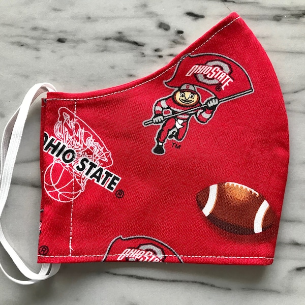 The Ohio State Buckeyes Cotton Fabric Face Masks. Washable, double layer w/thin filter and an opening pocket for additional filters.