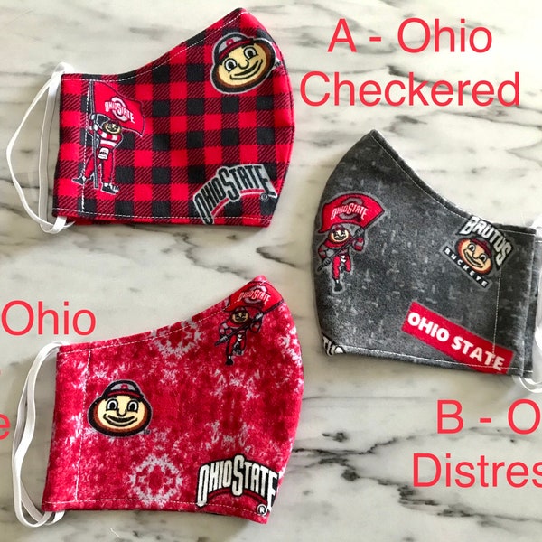 The Ohio State Buckeyes Cotton Flannel Fabric Face Masks. Washable, double layer w/thin filter and an opening pocket for additional filters.