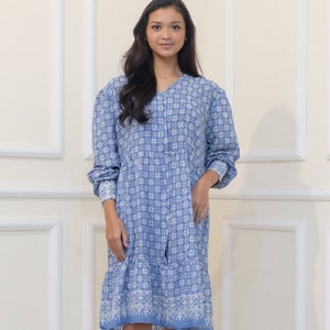 Puede incluir: Un vestido azul y blanco con estampado, mangas largas y cierre de botones en la parte delantera. El vestido tiene una falda de capas y un escote en V.