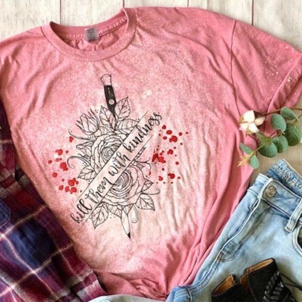 Kill Them With Kindness Knife Daggar Rose Blood Spatter Fall Halloween Pink Adult Tee T-Shirt