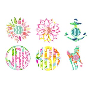 May include: Six different designs featuring a monogram with the letters KBA in a circle. The designs include a sunflower, a flower, an anchor, a circle, a flower, and a dog. All designs are in a colorful, patterned style.