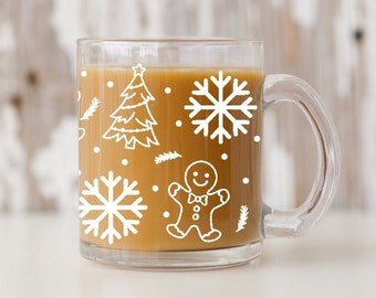 Christmas Clear Glass Coffee Mug | Gingerbread Christmas Tree Snowflake | Coffee Cup