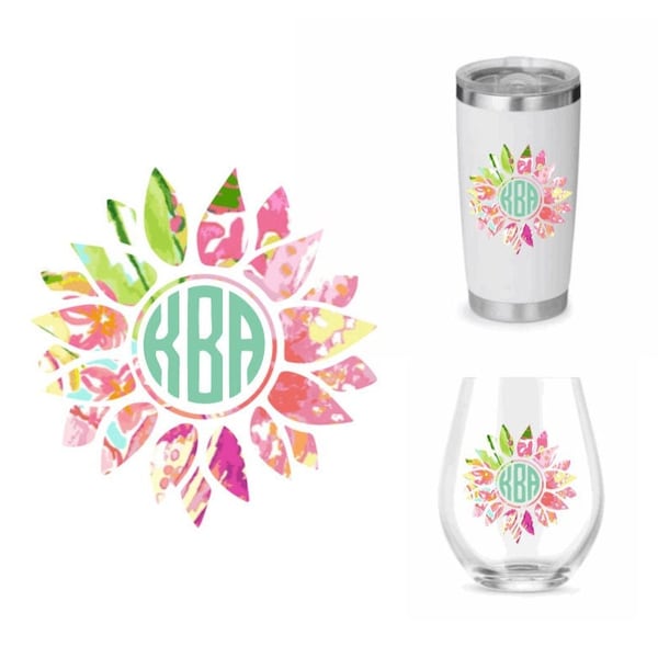 Lilly Inspired Flower Monogram Sticker Vinyl Decal | Personalized iPhone Laptop Car Tumbler Yeti Cup Wine Glass Cooler Coffee Mug Southern