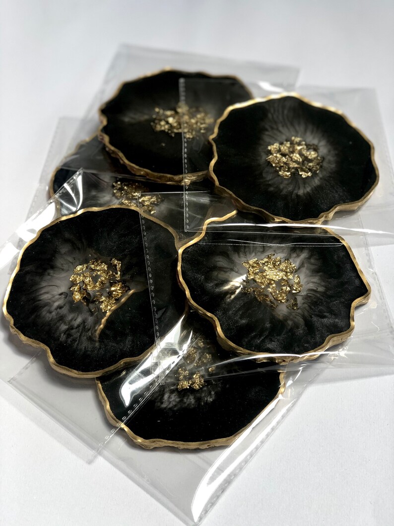 Luxury Black and Gold Leaf Crystal Resin Coasters Marble Etsy