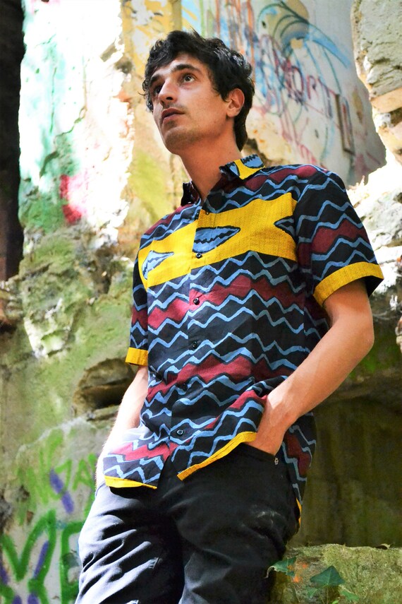 Men s Shirt With Short Sleeves in Wax Fabric Cauri Etsy UK