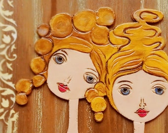 Ceramic women's figures on wood.  Clay figures on wall. Unique wall décor. Original wedding gift