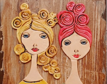 Ceramic women's figures on wood.  Clay figures on wall. Unique wall décor. Original wedding gift