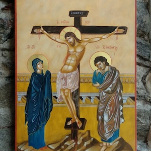 The Crucifixion of the Lord. 100% Hand Painted Orthodox Icon on sea plywood 37x53 cm