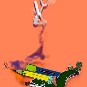Può includere: Illustrazione di arte digitale su sfondo arancione. Una mano verde tiene una matita, un pennarello e una sigaretta accesa. La matita ha la parola "mistakes". Il pennarello dice "commitment". La parola "love" è scritta in bianco.